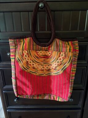 Bohemian Red Striped Embroidered Tote Bag